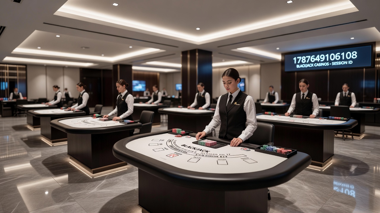 Close-up of blackjack table layout showing chips, cards, and dealer position during active play