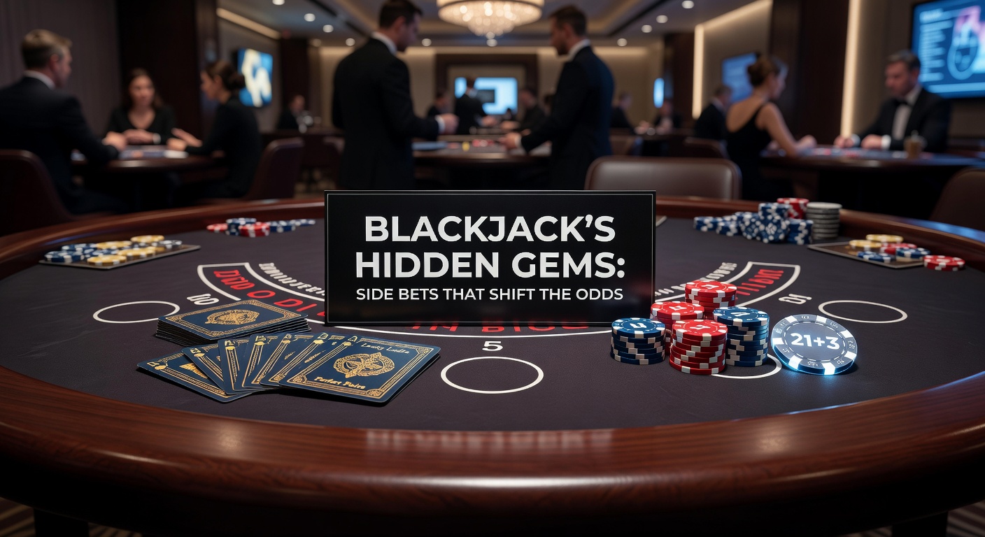 Blackjack table with side bet options illuminated, showing chips placed on various side wagers alongside the main hand