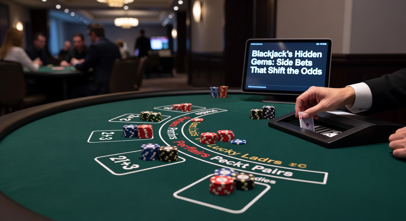 Close-up of a blackjack side bet payout chart on a digital table display, highlighting multipliers for rare hand combinations like suited trips