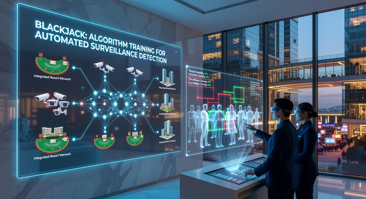 Surveillance cameras monitoring blackjack tables in an integrated resort casino floor with AI overlay graphics