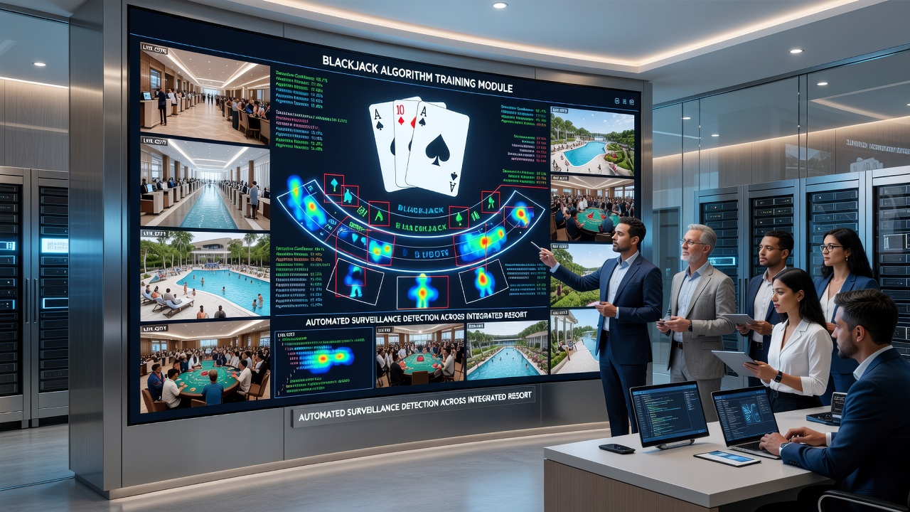 AI algorithm interface displaying detection alerts on multiple blackjack surveillance feeds within a resort operations center