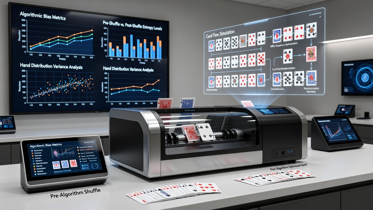 Close-up view of card distribution patterns displayed on a casino monitoring screen with algorithmic sequencing data