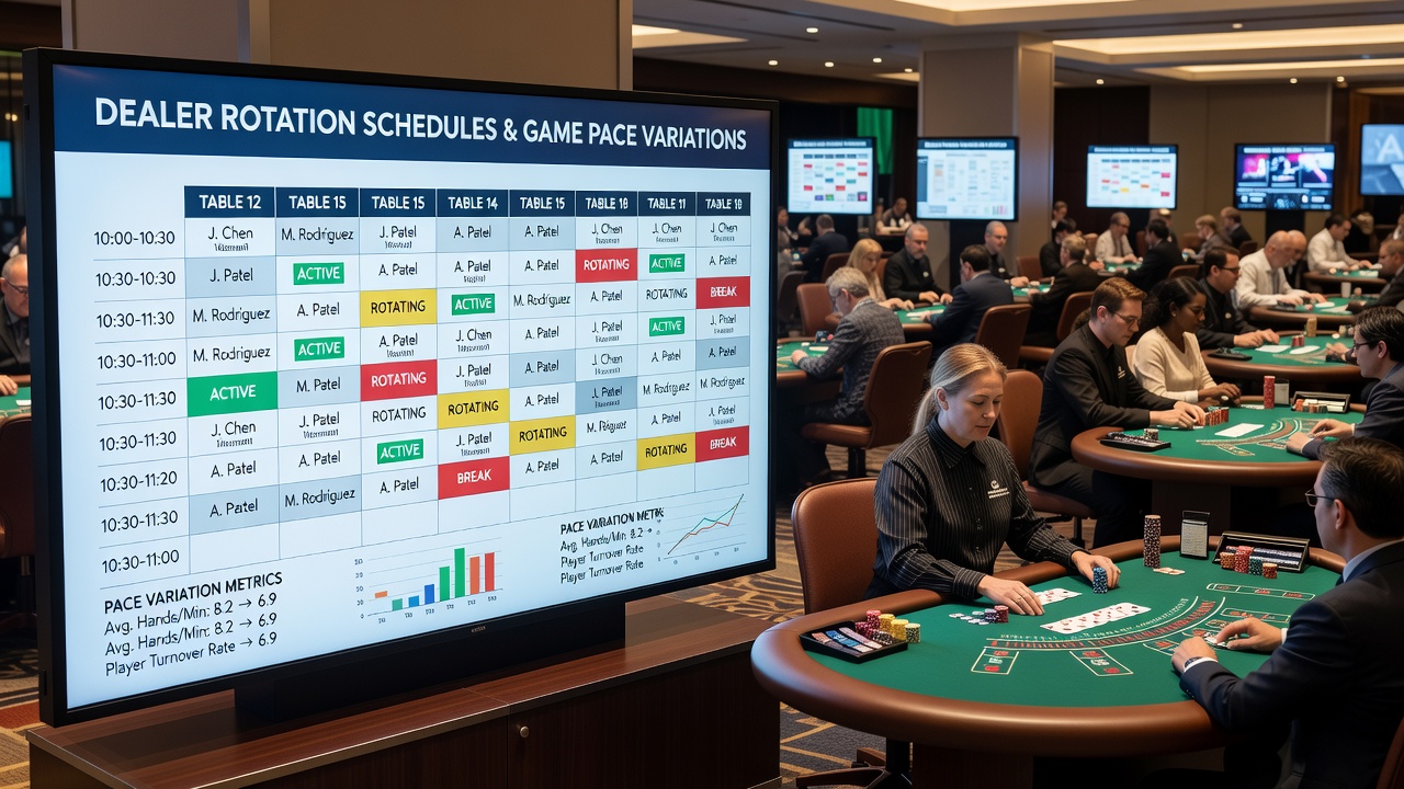 Dealers rotating at blackjack tables in a busy casino floor during peak hours