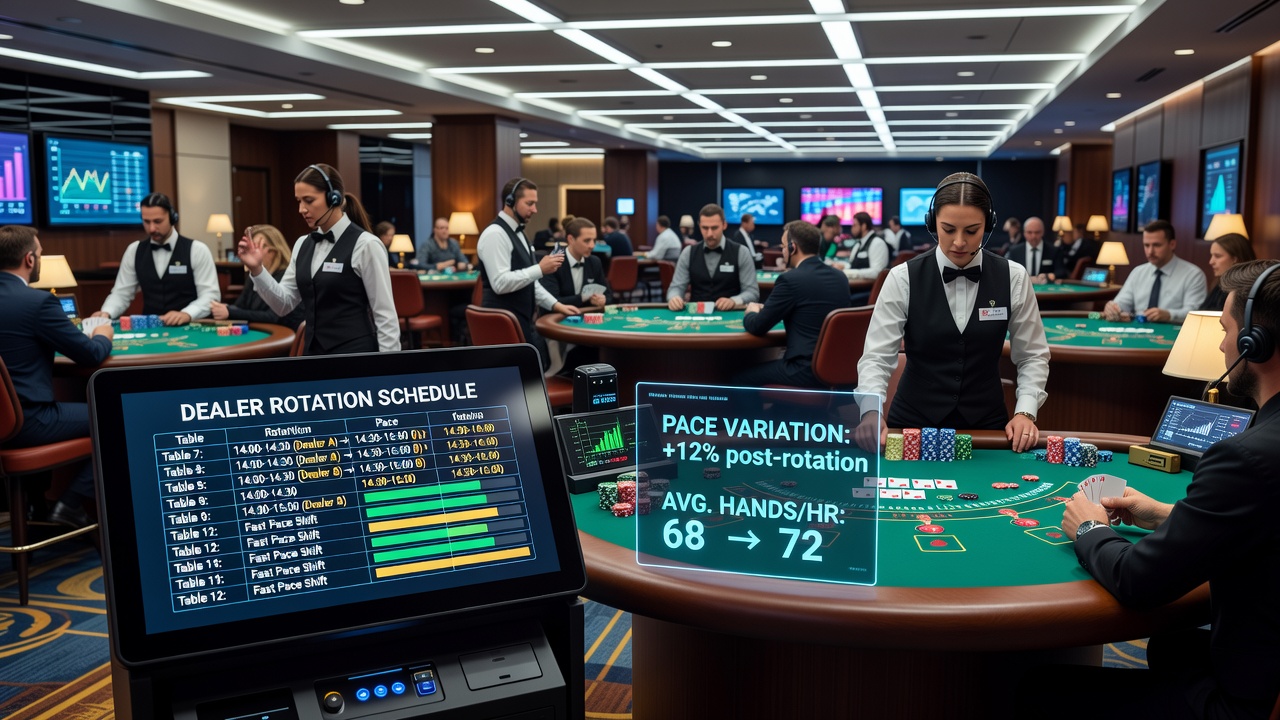 Casino floor manager coordinating dealer rotations at multiple tables during evening rush