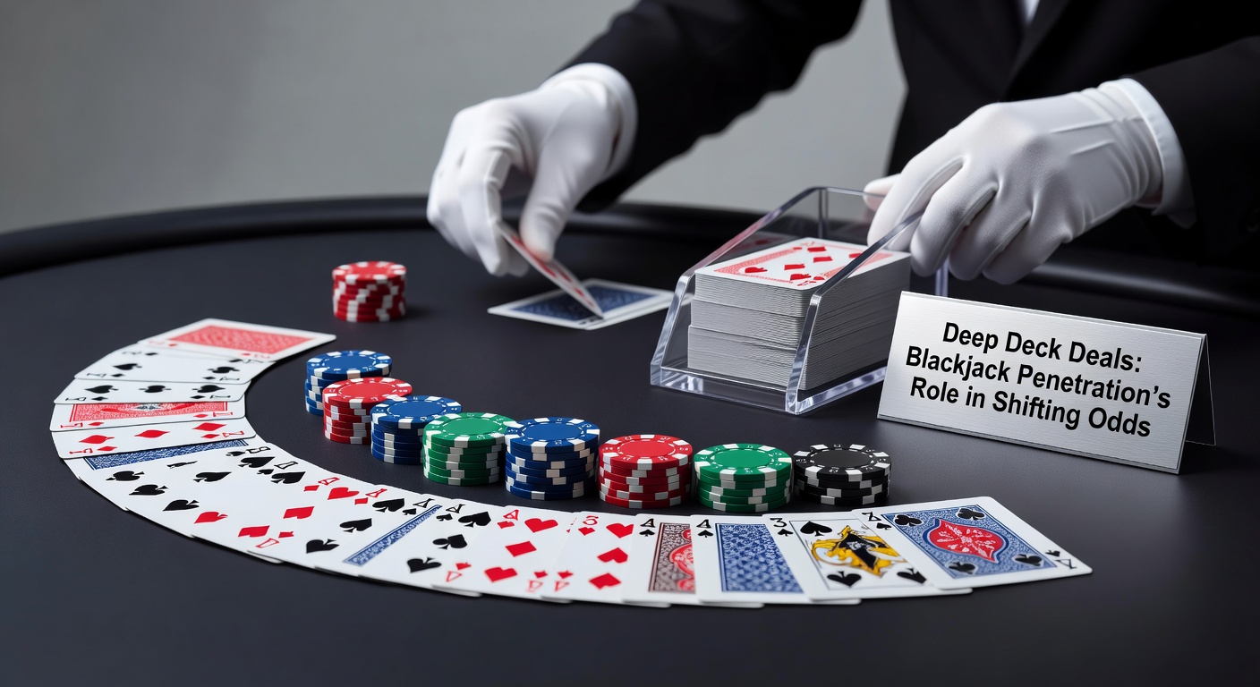 Close-up of a blackjack shoe with cut card visible near the end, demonstrating high penetration levels