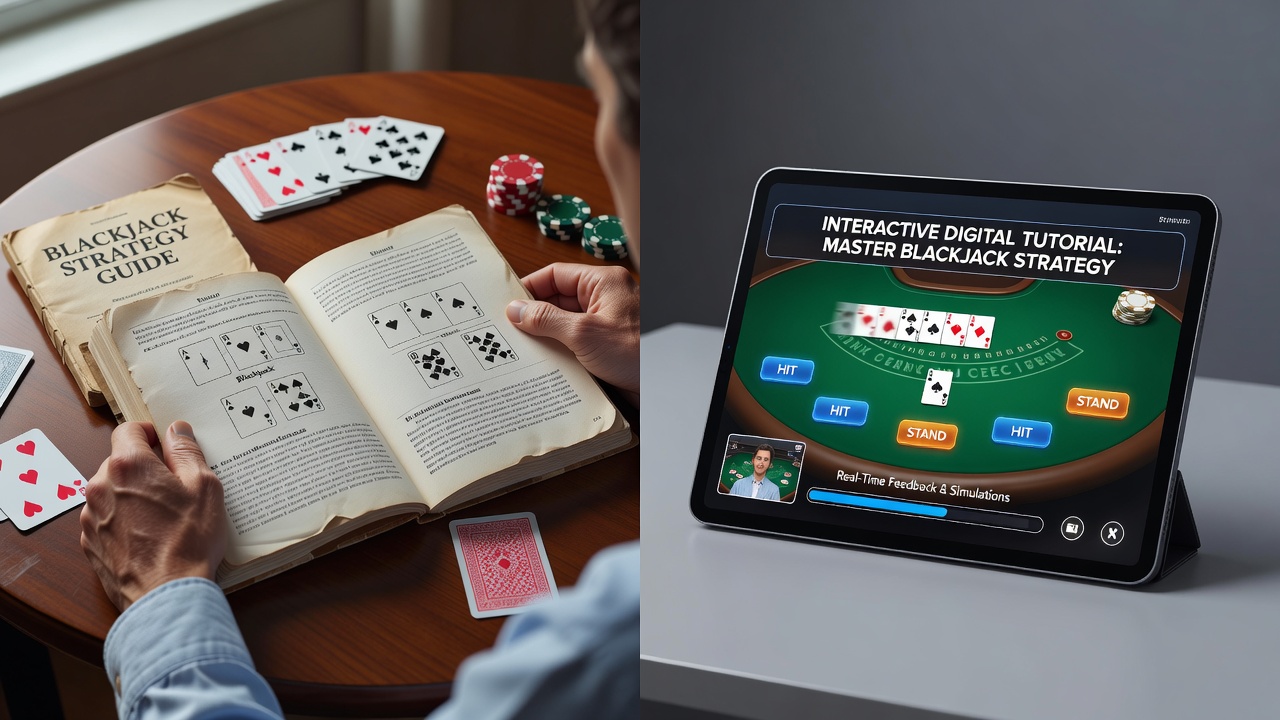 Screenshot of an interactive blackjack tutorial interface displaying real-time strategy feedback and hand simulations
