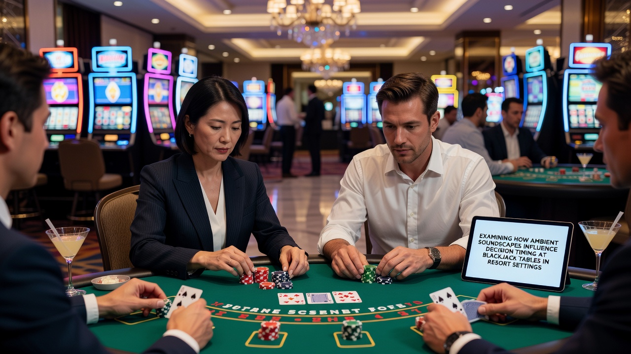 Blackjack players at a resort table with visible speakers and ambient crowd activity illustrating layered sound influence