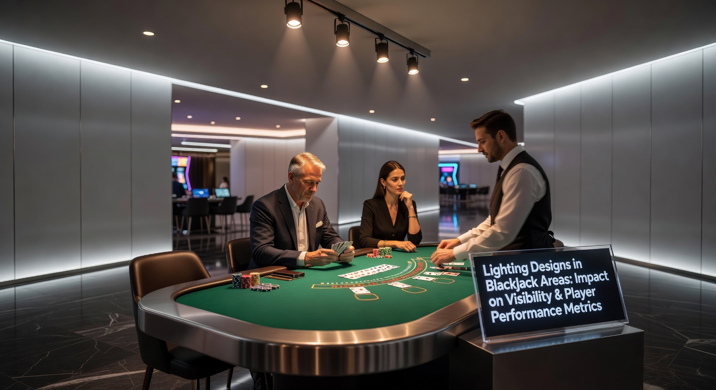 Blackjack table under specialized casino lighting showing card visibility and dealer station setup