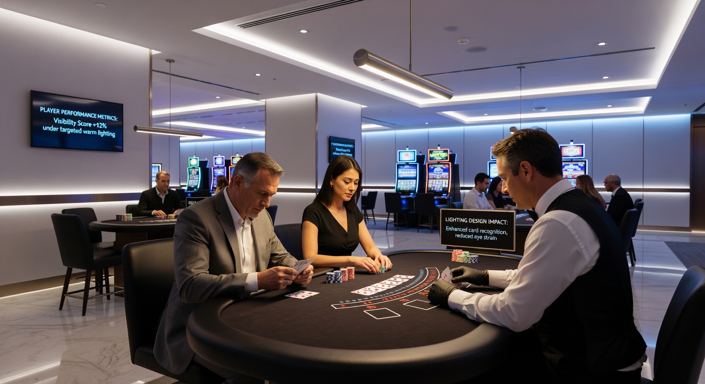Close-up view of blackjack felt with integrated lighting highlighting card edges and chip stacks during active play