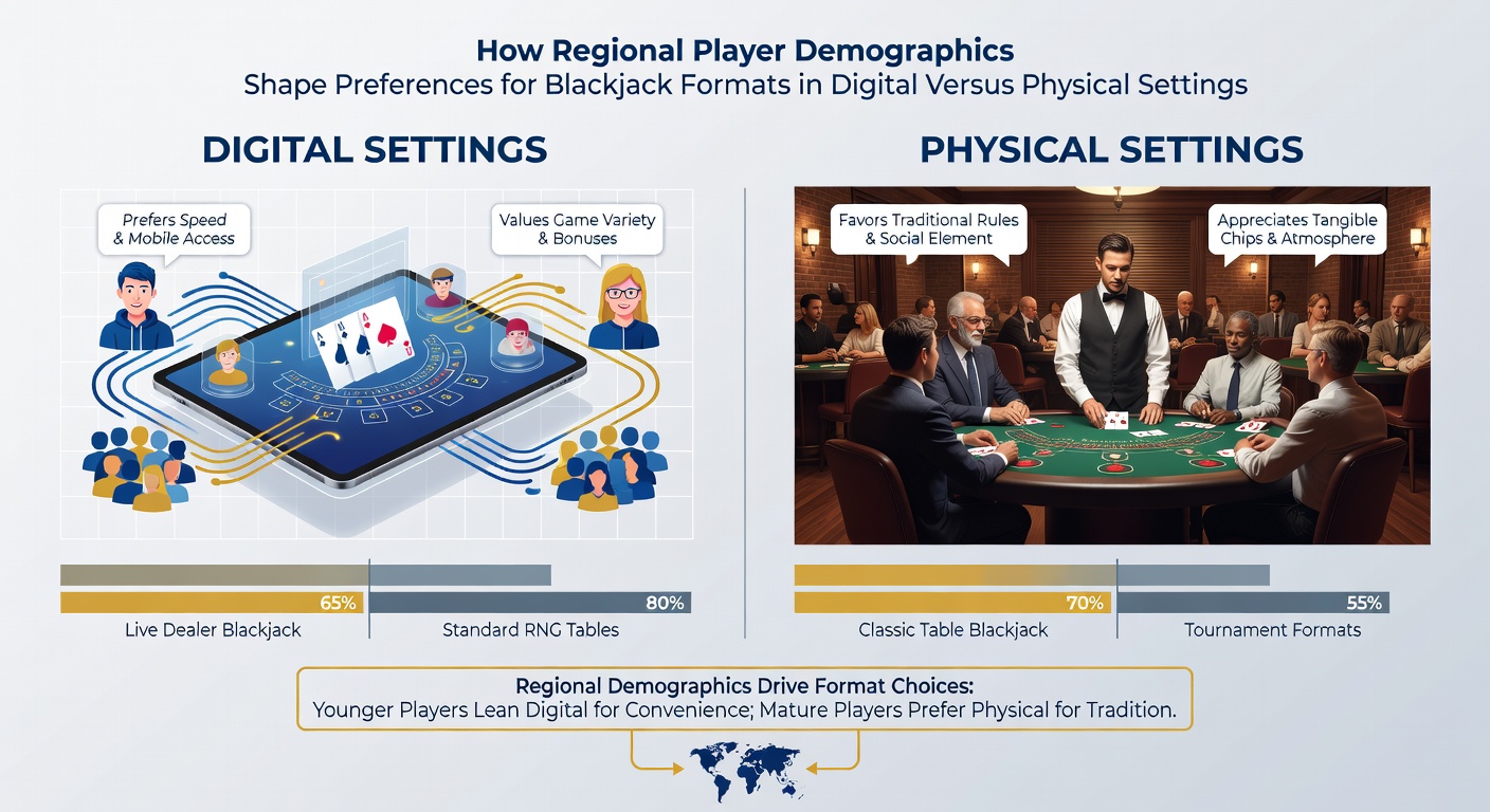 Diverse player groups engaging with blackjack across digital platforms and physical casino floors in various global regions