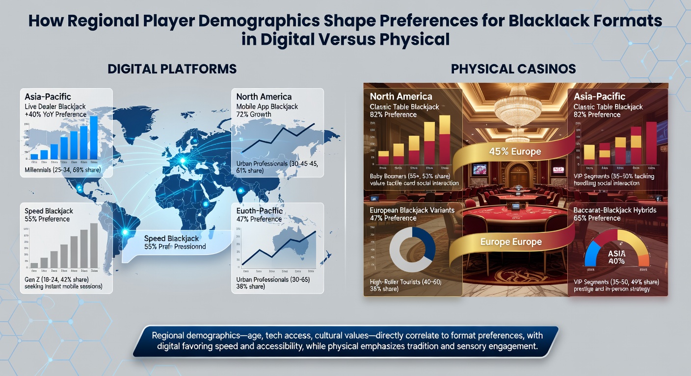 Comparative view of online blackjack interfaces alongside bustling physical casino blackjack tables reflecting demographic influences
