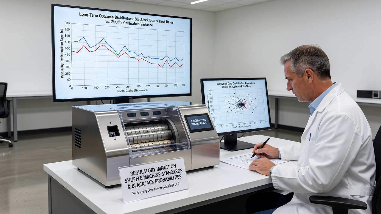 Technician performing calibration checks on a casino-grade shuffle machine with diagnostic equipment attached