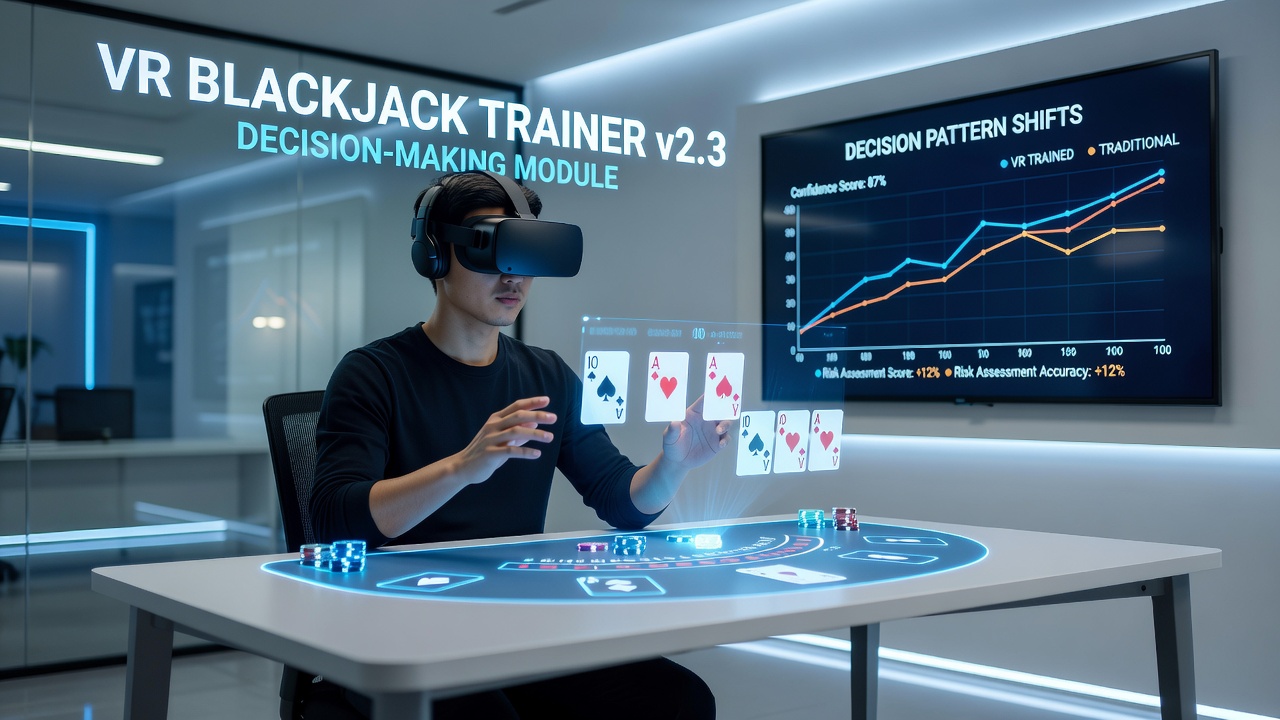 Trainee using VR controllers to interact with virtual blackjack cards and receive strategy feedback overlays