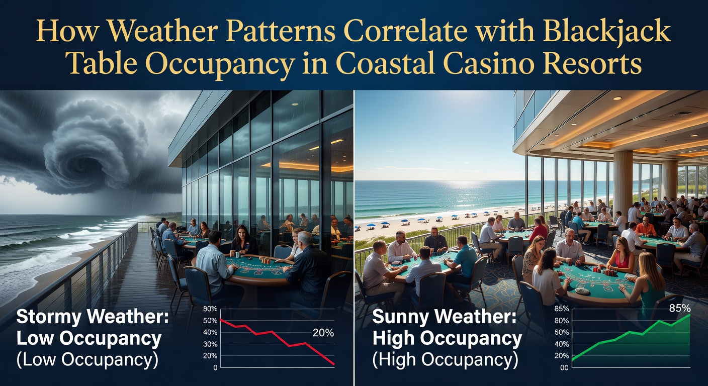 Coastal casino resort exterior showing blackjack tables visible through large windows during changing weather conditions
