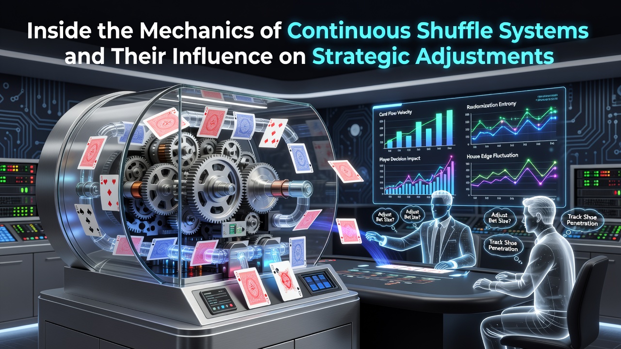 Diagram showing the internal components and card flow of a continuous shuffle machine used in blackjack tables