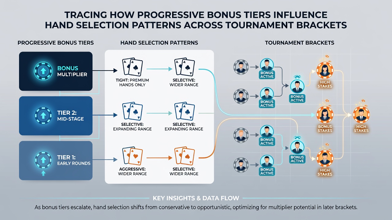 Chart illustrating hand selection frequency changes across progressive bonus tiers in tournament brackets