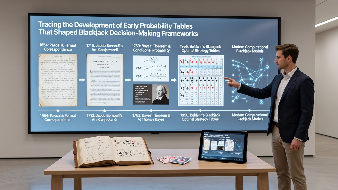 Mid-twentieth century probability charts showing blackjack decision tables